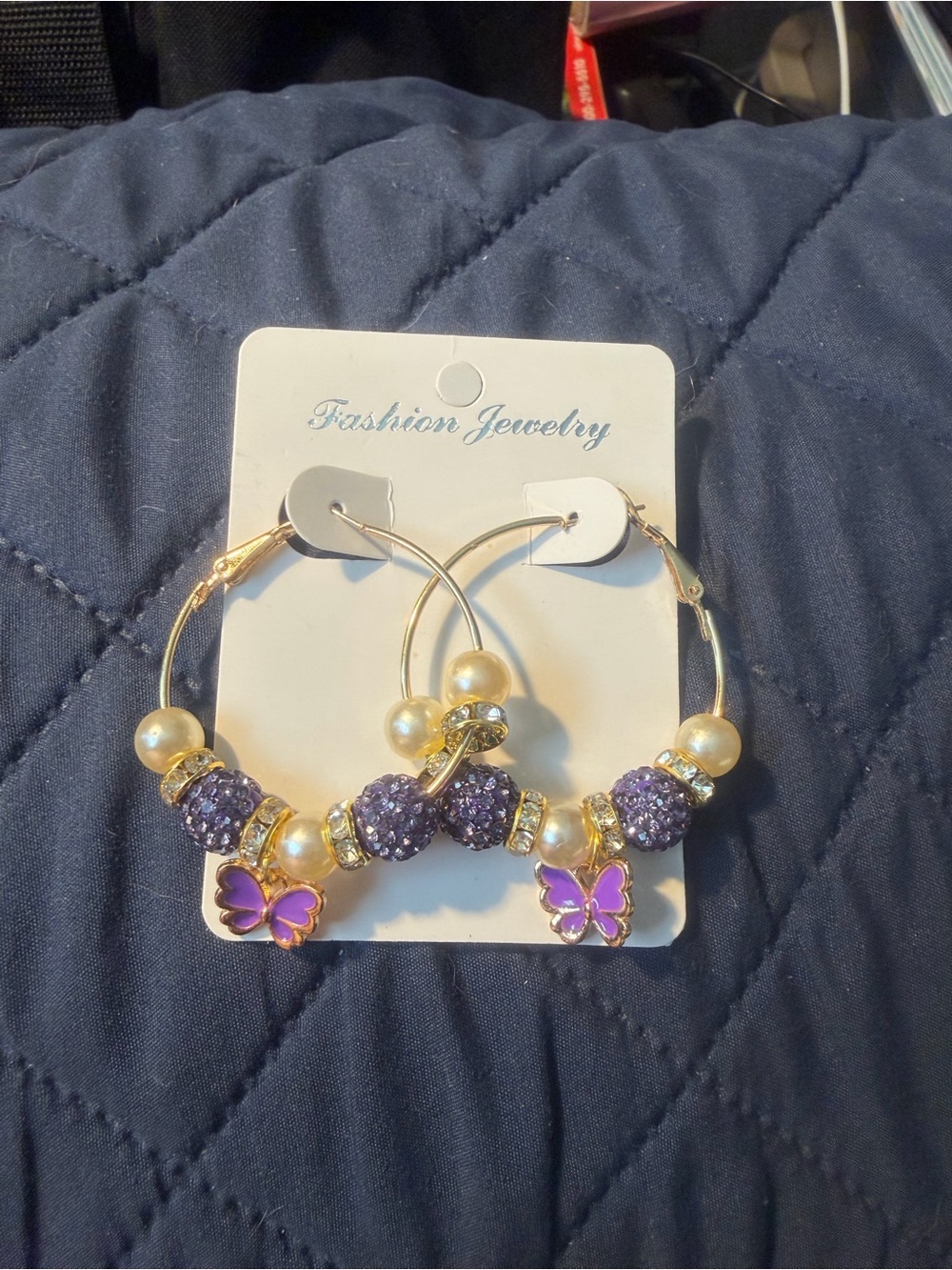 Fashion Jewelry Gold Hoop Earrings with Purple Beads and Butterfly Charms